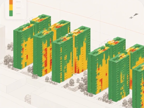 Torres com mapas de desempenho lumínico em verde, amarelo e vermelho