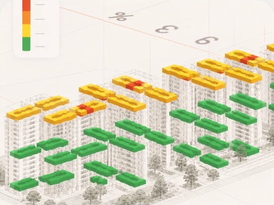 Modelo 3D de edifícios com pavimentos destacados por nível de desempenho